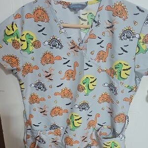 Halloween Dinosaur Print Scrub Top